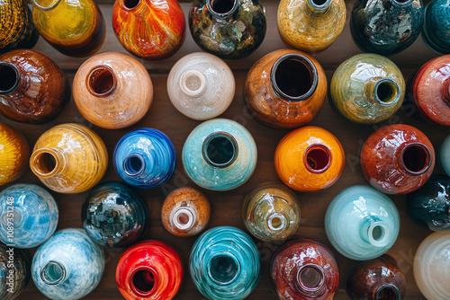 Top view of an array of artisanal blown glass vases and jugs, each piece unique.