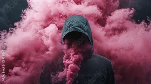 A person in a hooded jacket standing in front of a pink smoke cloud.