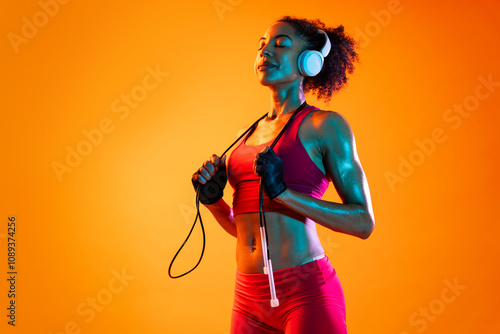 Sportive black hispanic woman wearing sportswear training in fitness studio, colorful dramatic lighting - African-american female athlete doing sport workout