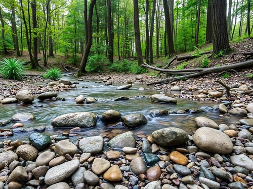 A serene stream babbles over rounded stones and smooth pebbles in a peaceful forest glade, moss-covered rocks, woodland ambiance