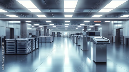 Futuristic empty security checkpoint hallway.