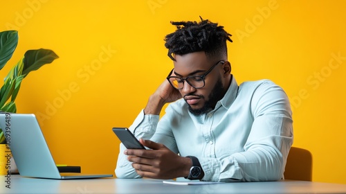 Young professional focused on smartphone in modern workspace with laptop and yellow background.