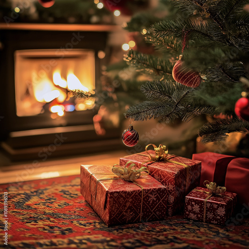 Cadeaux de Noël sous le sapin, arrière plan flouté de la cheminée