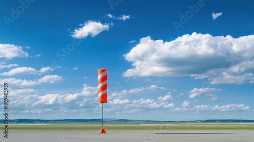 Windsock indicating wind direction on a sunny day at an airport runway, with blue skies and fluffy clouds in the background.