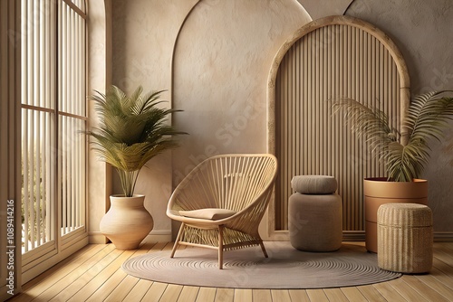 Minimalist interior design, Japanese-inspired living space, woven rattan chair, arched doorway, potted palm plants, beige color palette, natural textures, bamboo screens, curved floor lamp, wooden flo