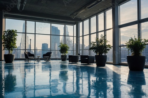 A blurred view of a luxury empty modern light office space interior with large windows, blue tiles floor and potted green plants. Blurry megapolis cityscape skyscarpers view from the windows.