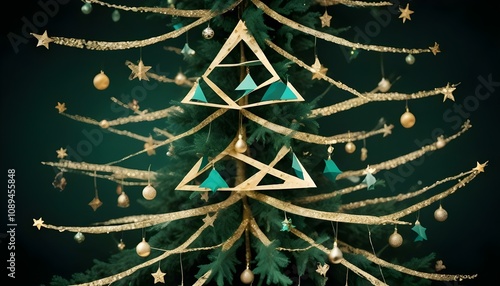 Árbol de Navidad Abstracto Un árbol de Navidad estilizado hecho de formas geométricas, como triángulos o círculos, en tonos verdes y dorados, con estrellas brillantes suspendidas alrededor