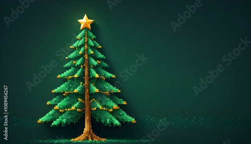 Árbol de Navidad Abstracto Un árbol de Navidad estilizado hecho de formas geométricas, como triángulos o círculos, en tonos verdes y dorados, con estrellas brillantes suspendidas alrededor