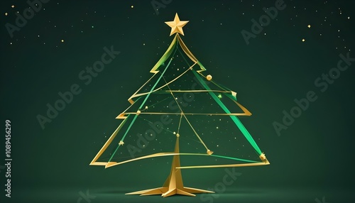 Árbol de Navidad Abstracto Un árbol de Navidad estilizado hecho de formas geométricas, como triángulos o círculos, en tonos verdes y dorados, con estrellas brillantes suspendidas alrededor