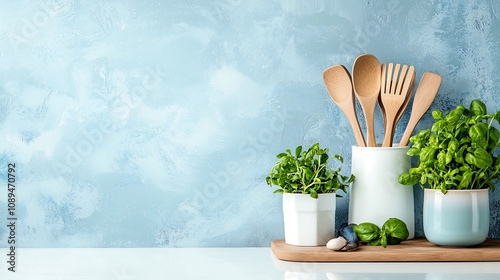 Repurposed plastic utensils reshaped into a decorative wall clock displayed in a modern kitchen with eco themed accents including natural wood ceramic vases and potted herbs