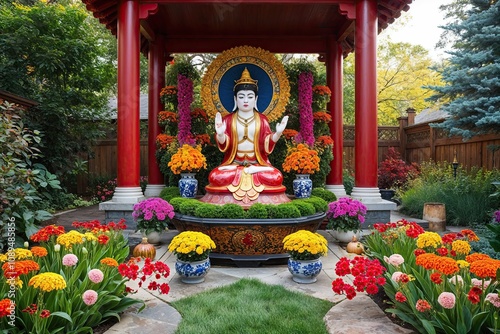 Vibrant Garden Depiction of Good Fortune and Spirituality with Flowers and Heritage