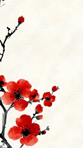  a painting of a branch with red flowers on a white background The flowers are vibrant and full of life, with some buds and leaves visible The background is a cris