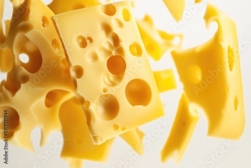 A piece of cheese falls off another piece of cheese, great for food or humor illustrations