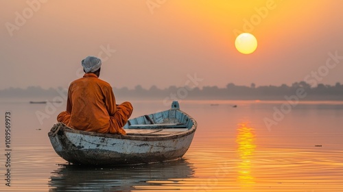 Quiet moment with the fisherman waiting patiently in his boat, gazing at the horizon,