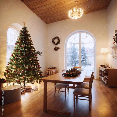 An establishing shot of a traditional Polish living room on Christmas Eve, featuring a beautifully decorated Christmas tree, a long table set for Wigilia with traditional dishes, and cozy, festive dec