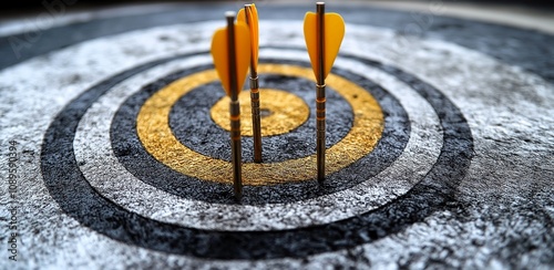 Target Focus: Three arrows pierce the bullseye on a weathered dartboard, symbolizing unwavering precision and the power of focused effort. Generative ai illustration. 