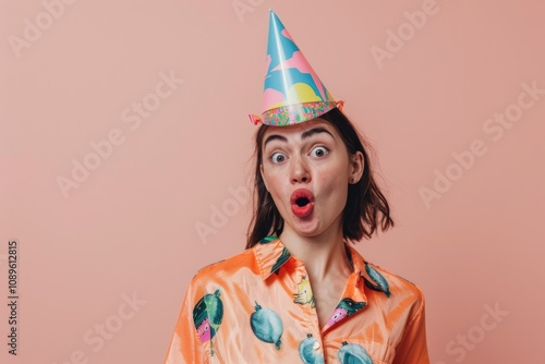 A woman wearing a colorful party hat and making a playful, goofy expression