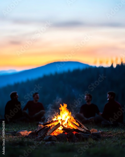 Four people enjoy a peaceful evening by a blazing campfire with a scenic mountain backdrop at sunset, fostering connection and warmth.