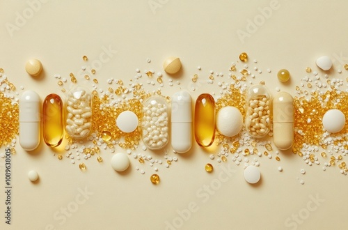 Colorful variety of supplements and vitamins scattered