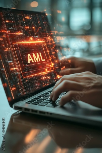 Aml : anti money laundering financial bank concept. businessman use laptop with virtual aml icon for anti money laundering regulations.