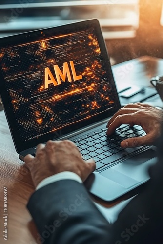 Aml : anti money laundering financial bank concept. businessman use laptop with virtual aml icon for anti money laundering regulations.