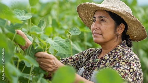 Female hispanic middle aged farmer checking soybean plants in a soybean field. Woman working in agriculture field, checking soybean crops for health or diseases. Growing soybean, woman at work. Envir