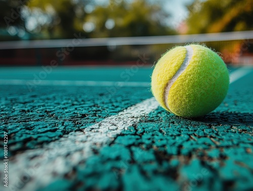 Tennis ball on a tennis court with a net in the background