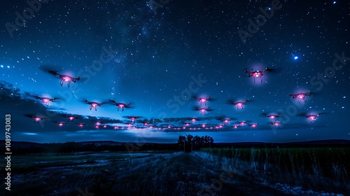 A swarm of drones illuminates the night sky with their vibrant lights, creating a mesmerizing spectacle against the backdrop of the Milky Way. 