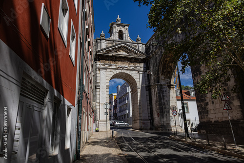 Triumphal Arch of Amoreiras (Arco Triunfal das Amoreiras, 1834) - the arch commemorating the arrival of water in Lisbon by Aguas Livres Aqueduct. Lisbon. Portugal.