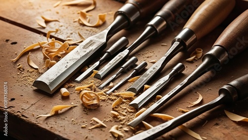 Close up of chisels on wooden bench with shavings scattered, symbolizing craftsmanship in action and traditional carpentry