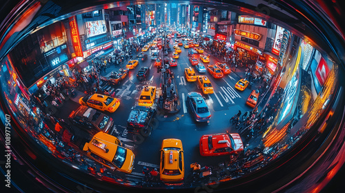 An Eye-Catching Fish-Eye Lens View of a Colorful and Busy Urban Intersection at Night