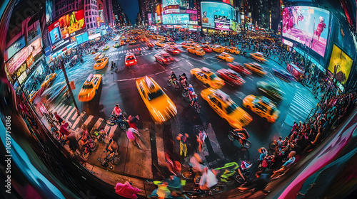 An Eye-Catching Fish-Eye Lens View of a Colorful and Busy Urban Intersection at Night