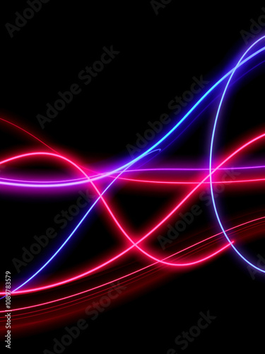 a smooth and wavy abstract design composed of neon light trails that undulate across a black background. The trails are rendered in a gradient of vivid colors, including red, pink, blue, and purple, c