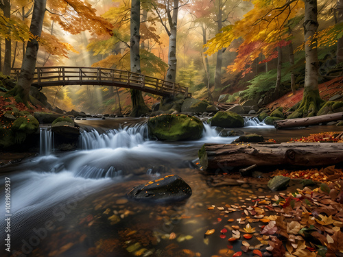 A forest waterfall among scarlet and golden leaves.