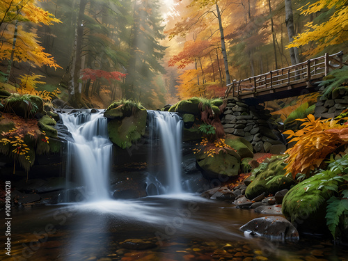 A forest waterfall among scarlet and golden leaves.