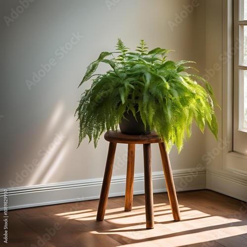 Planta sobre un taburete situado al lado de una ventana 