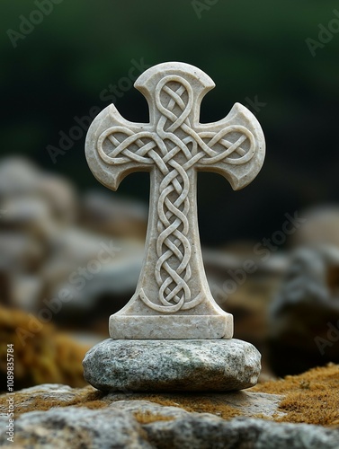 Celtic cross carved from stone stands firmly on a rocky surface in a serene outdoor setting