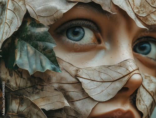 close up of woman with mask, mask made of recycled material and dry leaves, graphic design for theater, poster наназвание от 150 до 200 знаков и 50 кей на английском