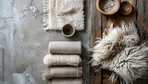 Essential Scandinavian interior textures background, showing a selection of wood, wool and concrete items