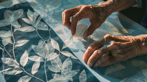 Botanical artistry: hands crafting leaf patterns on a light-sensitive paper for cyanotype printing