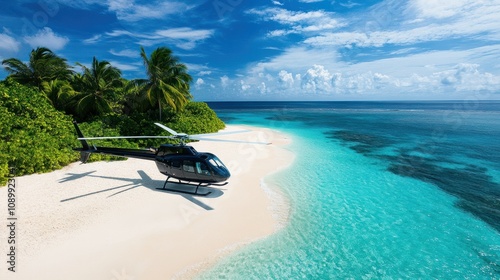 A sleek helicopter parked on a lush tropical island, surrounded by turquoise waters and white sandy beaches under a bright sky