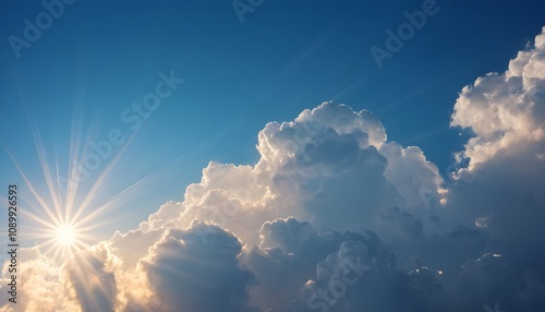 The sun shone through a dramatic cloud cover, its rays piercing the sky. Golden sunlight.