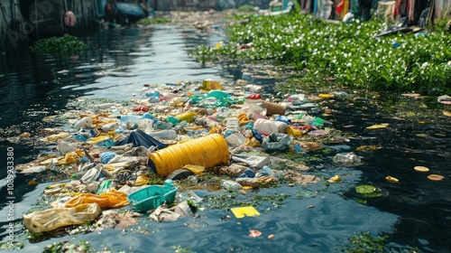 Polluted waterway with plastic waste and vegetation.