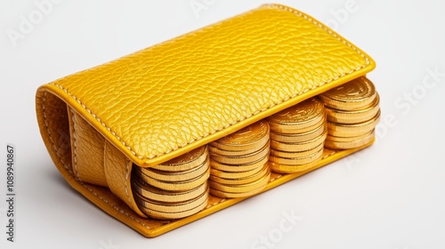 Yellow wallet with golden coins, crisp white background