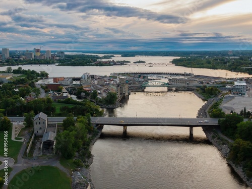 Ottawa River and hydro electric power dam in downtown Ottawa, Ontario, Canada.