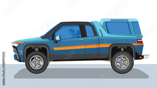 Concept vector illustration of detailed side of a flat soft blue pickup car. with shadow of car on reflected from the ground below. can view interior of car with driver man.