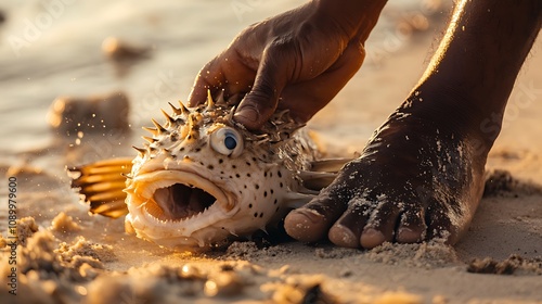 A Pufferfish Caught on a Sandy Beach at Sunset AI Generated