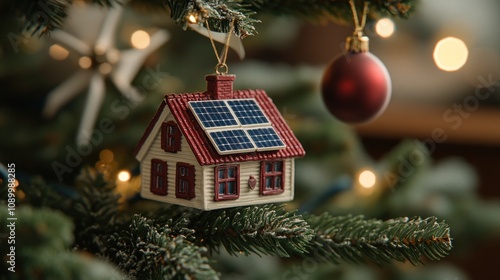 Solar-powered house ornament on Christmas tree.