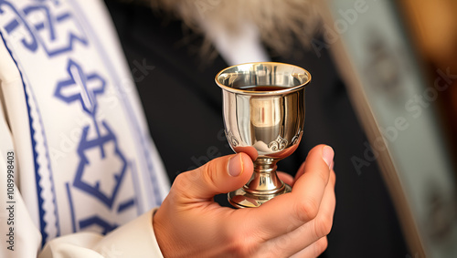 jewish rabbi's hand holding a small silver kiddush cup with wine for blessing of shabat day reciting a traditional Jewish blessing over wine.