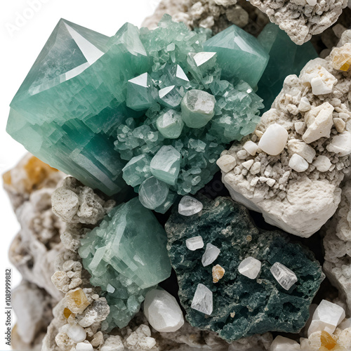 Close up image of a raw nepheline with titanite and feldspar minerals isolated on a white background from Khibiny Kola Peninsula